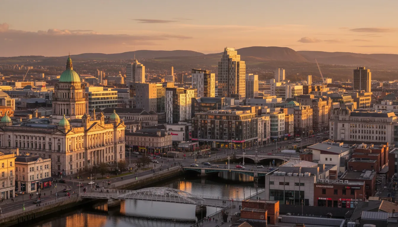 Belfast city centre skyline at golden hour showing City Hall dome, Titanic Quarter, and River Lagan