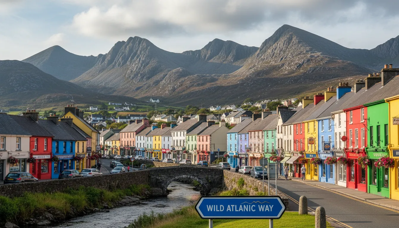 Clifden town with mountains