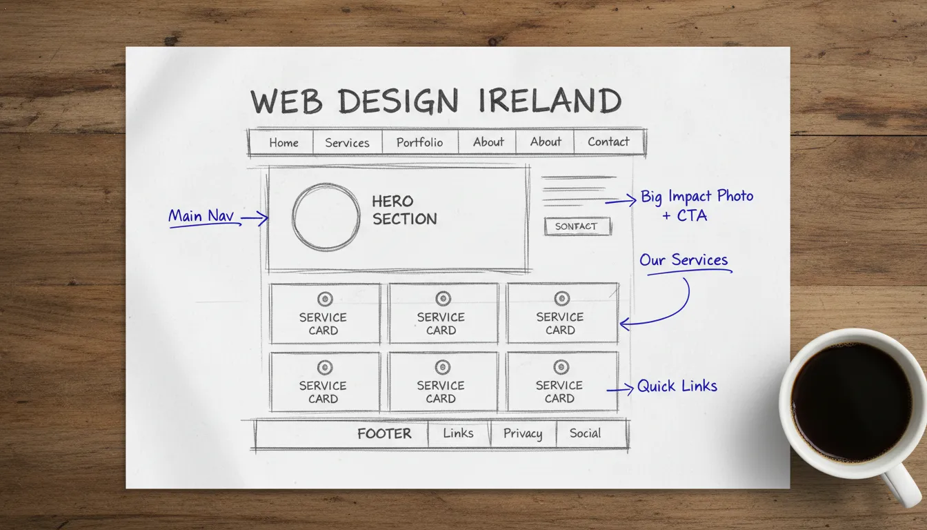 Hand-drawn wireframe sketch of Web Design Ireland homepage