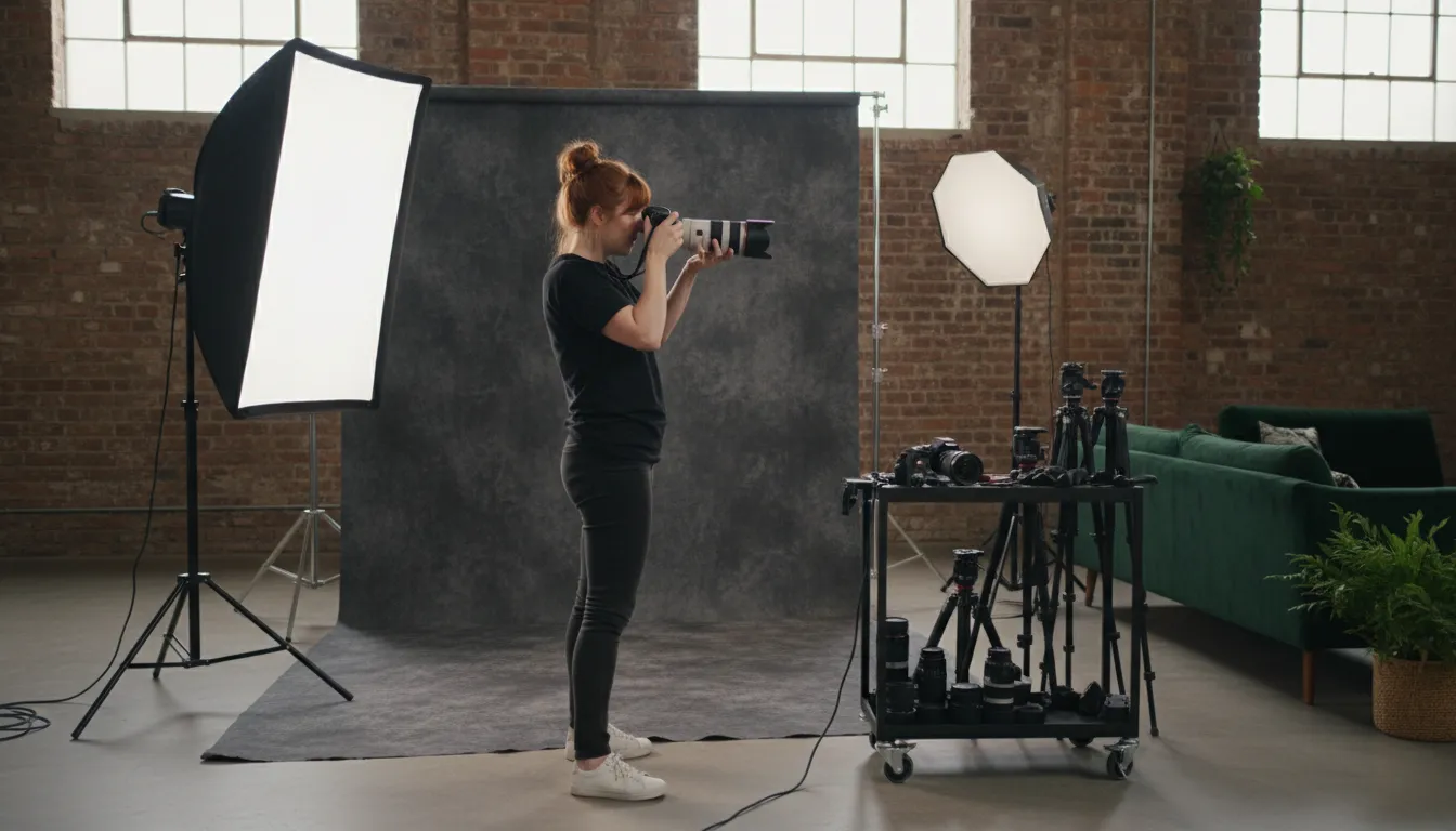 Professional photographer in a modern Irish studio with camera equipment and lighting