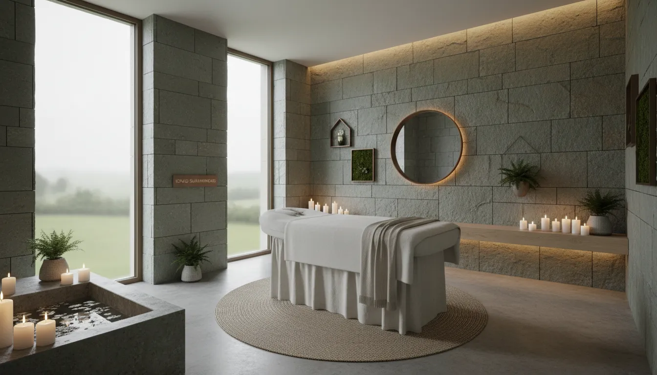 Luxurious modern Irish beauty spa interior with soft lighting and natural stone