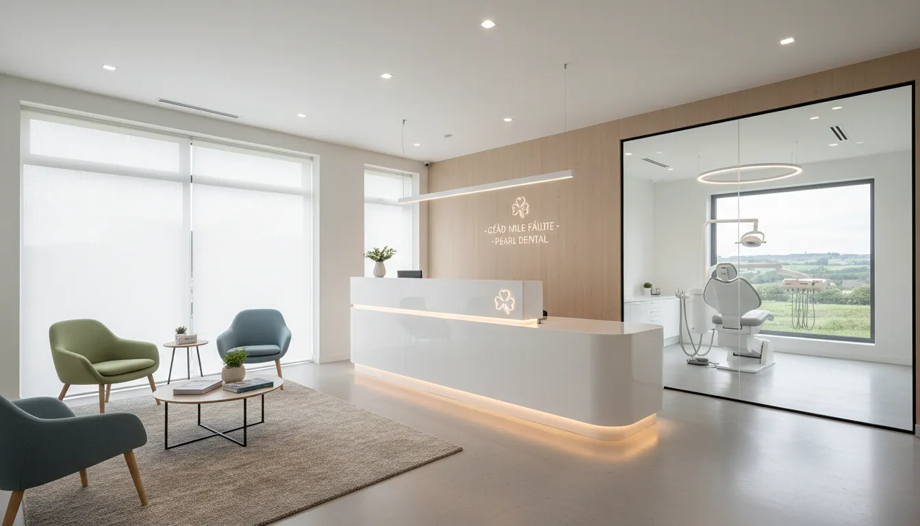 Modern dental practice reception area with professional interior design and welcoming atmosphere for patient care in Ireland