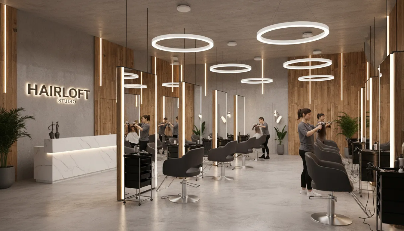 Modern hair salon interior with stylish chairs and warm lighting