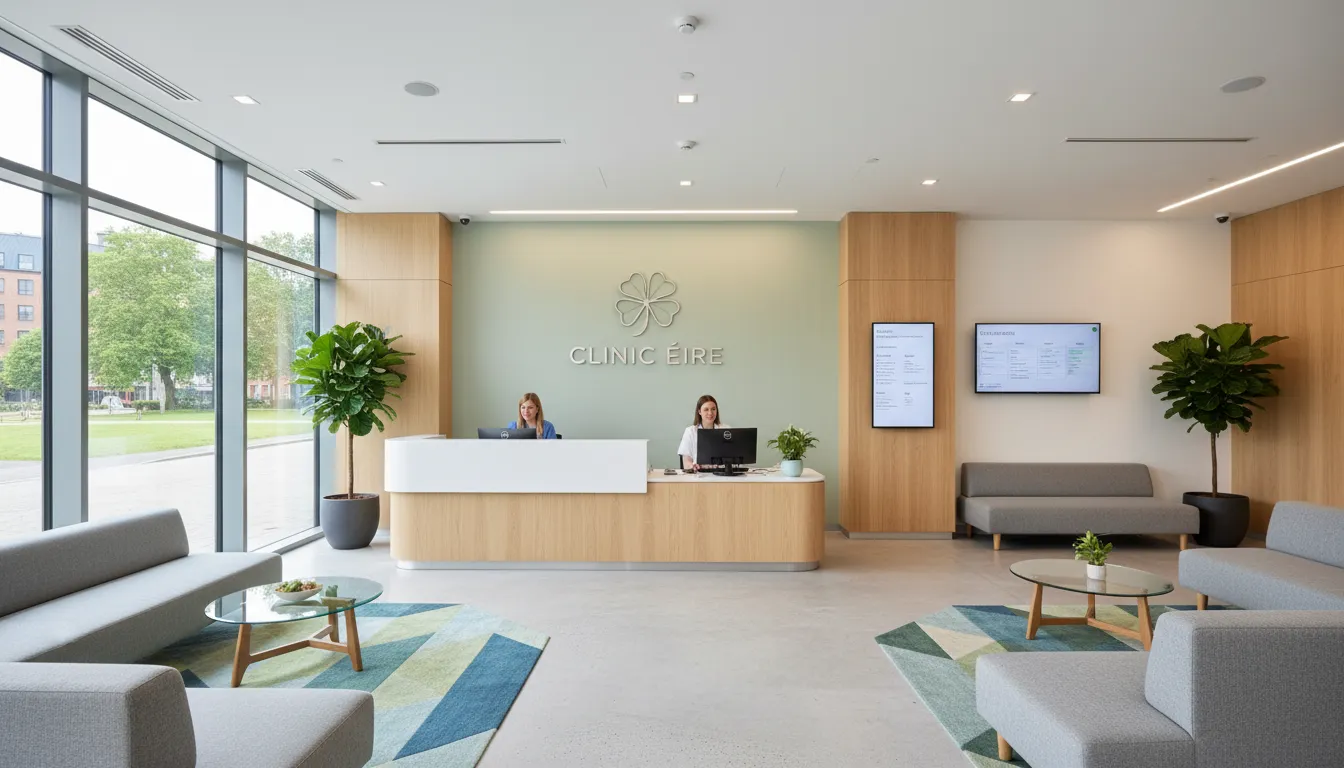 Modern Irish medical clinic reception area with natural light and professional healthcare environment