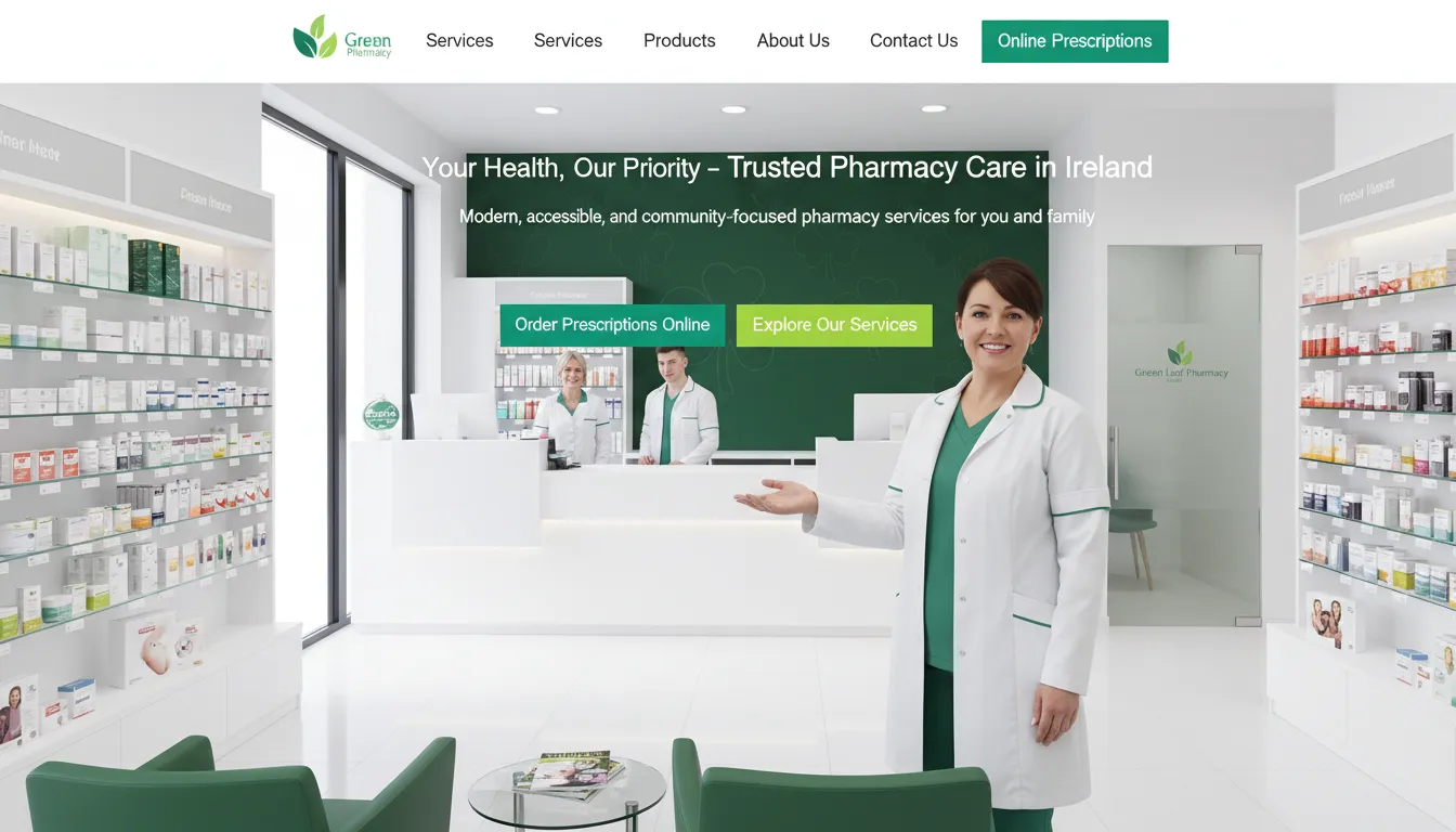 Modern bright Irish pharmacy interior with professional staff