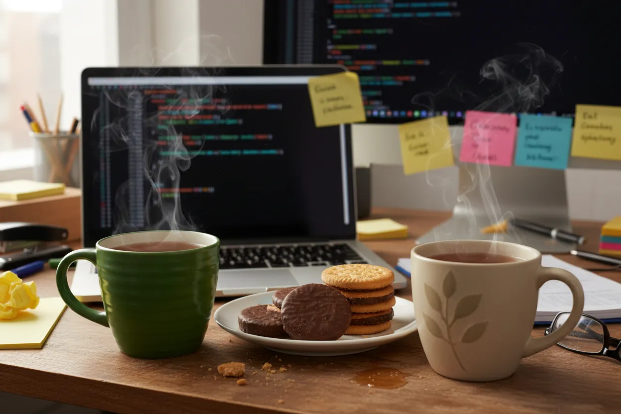 Tea and biscuits on office desk with laptop showing code