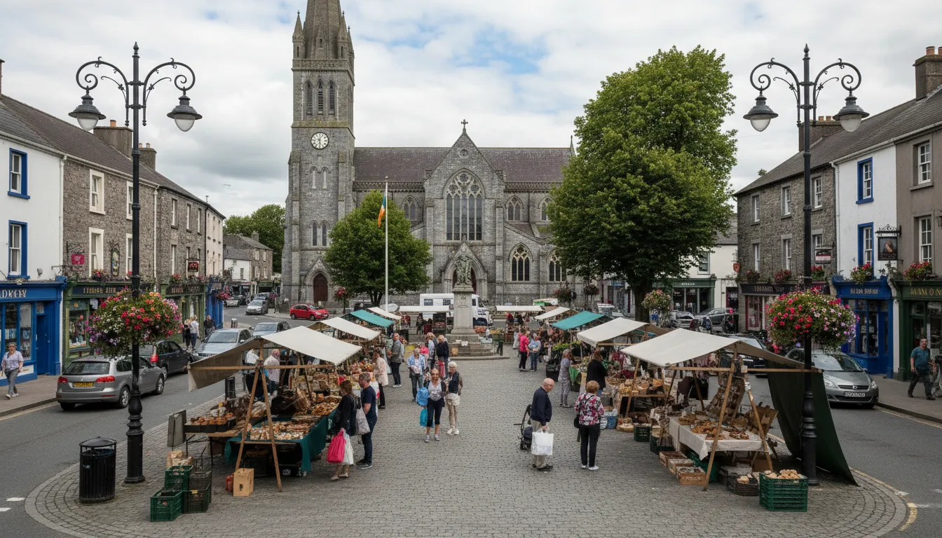 Tuam town centre with cathedral and historic buildings