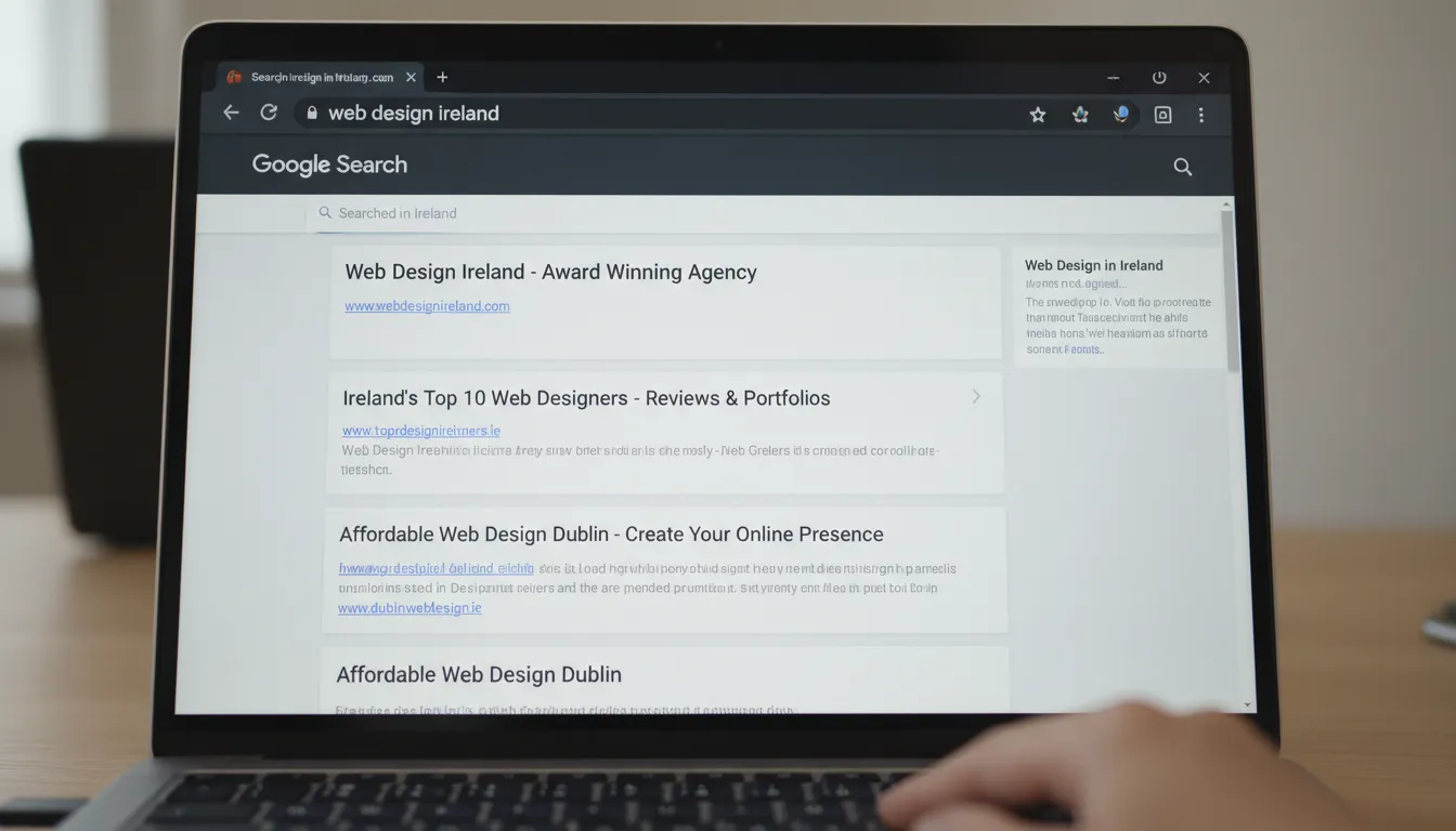Google search results showing web design ireland rankings