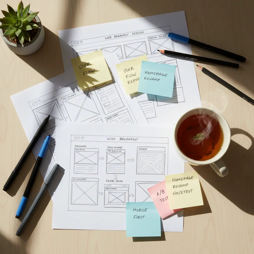Web design planning with wireframes and tea