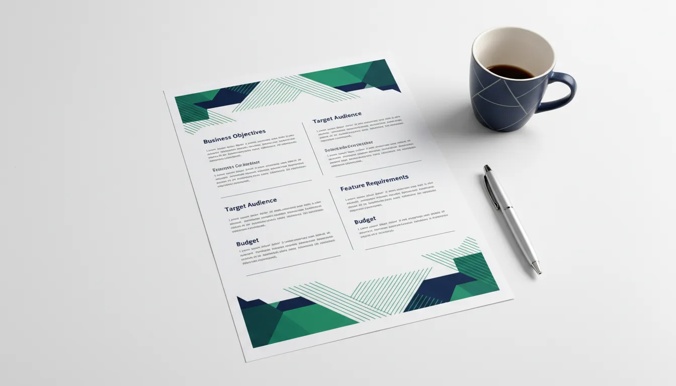 Website project brief template document with sections for business objectives, target audience, and requirements